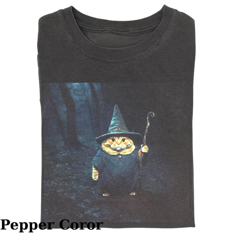 Vintage Wizard Magician Cat in Space T-shirt, Fantasy Kitten Tshirt, Cute Cat Shirt, Love Cat Tshirt, Meme Cringe Funny Dumb Shirts, Unisex Shirt Menswear Womenswear Streetwear