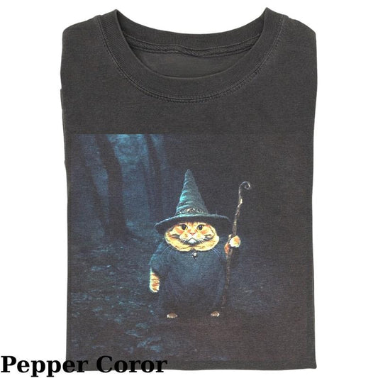 Vintage Wizard Magician Cat in Space T-shirt, Fantasy Kitten Tshirt, Cute Cat Shirt, Love Cat Tshirt, Meme Cringe Funny Dumb Shirts, Unisex Shirt Menswear Womenswear Streetwear
