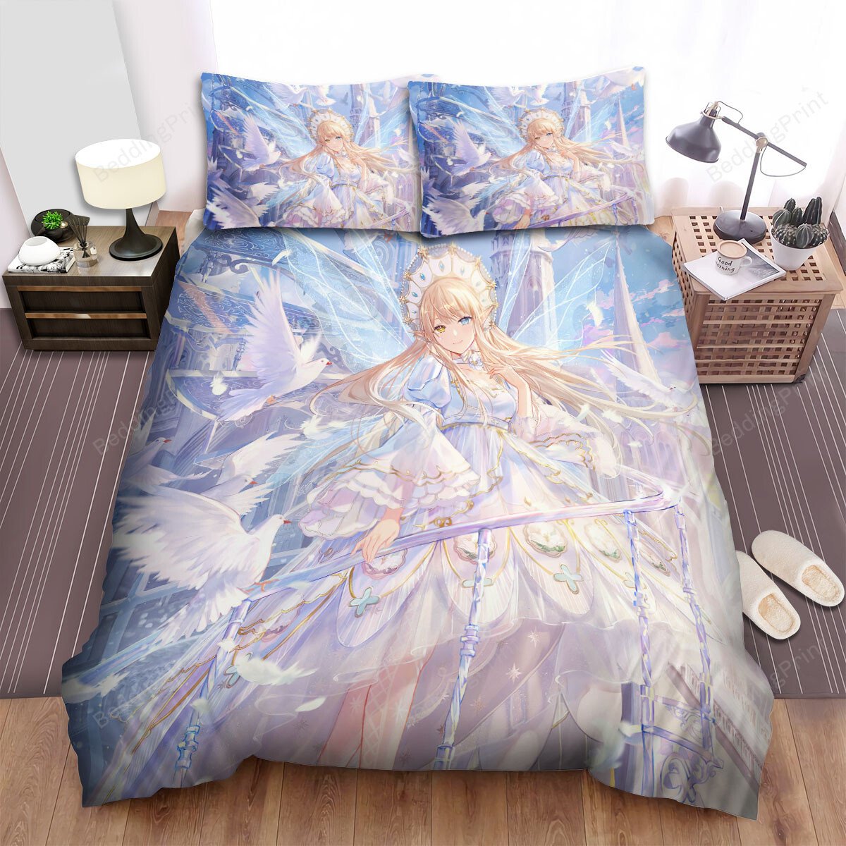 White Fairy Queen Anime Art Style Bed Sheets Spread Duvet Cover Bedding Setss