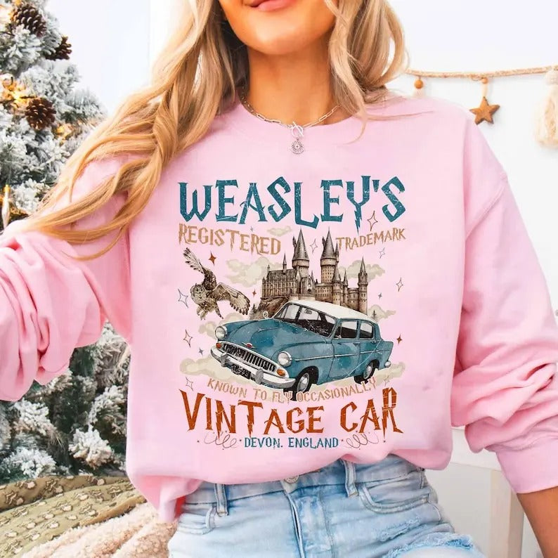 Wizard Flying Car Sweatshirt, Vintage Style Weasley Car Sweatshirt, Bookish Wizard Sweatshirt, Universal Fan Gift, Magical Adventure Apparel