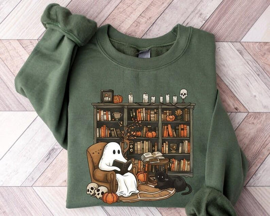 Retro Ghost Reading Books Sweatshirt/T-Shirt, Librarian Ghost Halloween Graphic, For Men/Women - Unisex Style, 100% Cotton, Pullover unisex