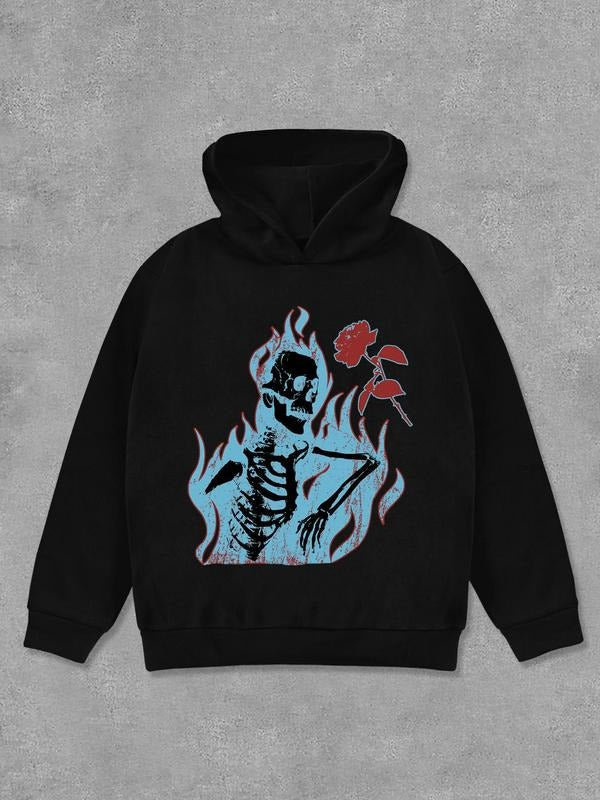 Women's Rose & Skeleton Print Hoodie, Fashion Casual Long Sleeve Hooded Sweatshirt for Daily Holiday Outdoor Wear, Women Clothing for Fall & Winter