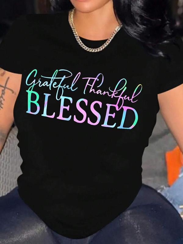 Women's Letter Print Round Neck Short Sleeve Tee, Fashion Casual Crew Neck T-Shirt for Daily Holiday Vacation Outdoor Wear, Ladies Clothes for All Seasons