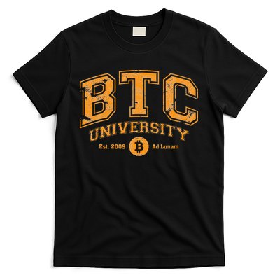 BTC University To The Moon Funny Distressed Bitcoin College T-Shirt