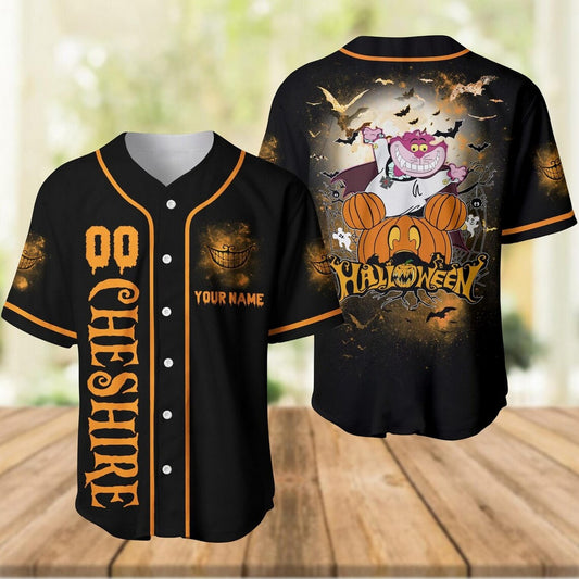 Custom Name Cheshire Cat Halloween Black Baseball Jersey