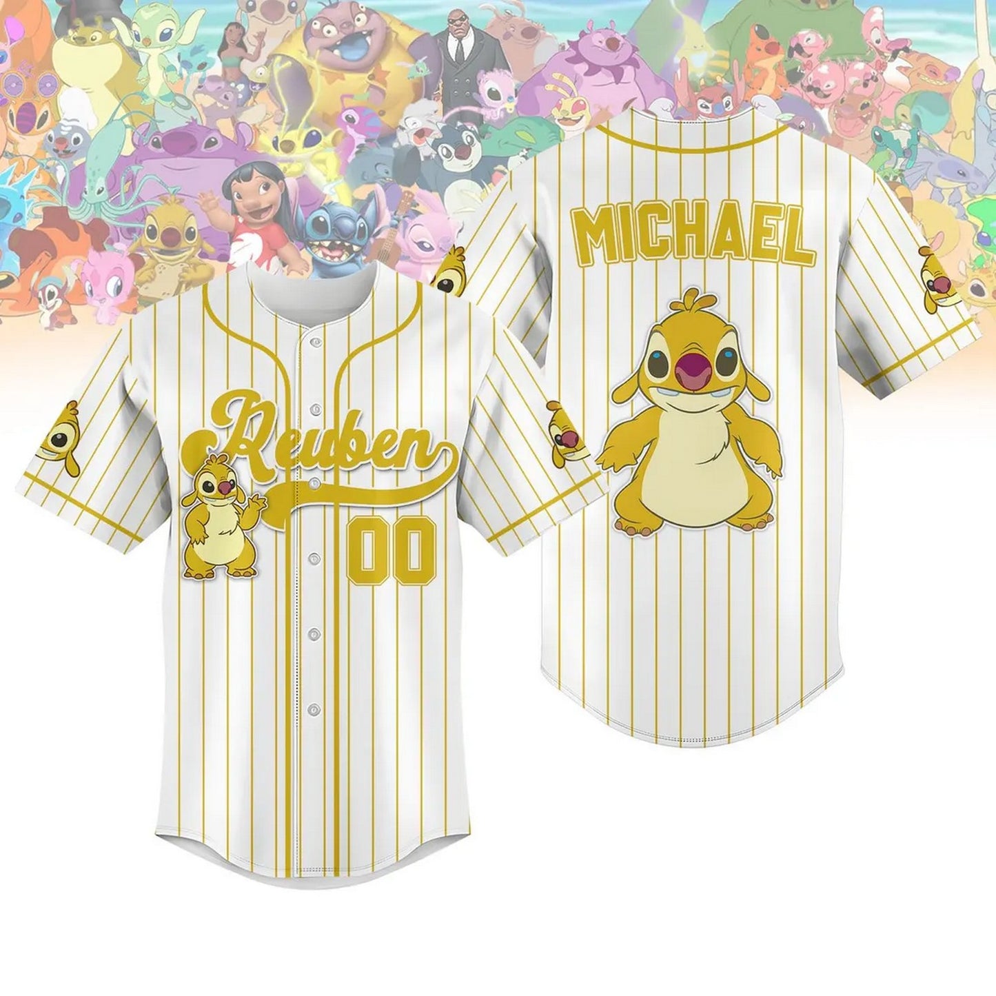 Custom Name Lilo And Stitch Reuben Striped Line White Baseball Jersey