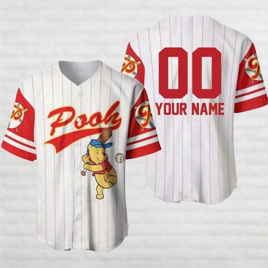 Custom Name Winnie The Pooh Bear Red White Baseball Jersey