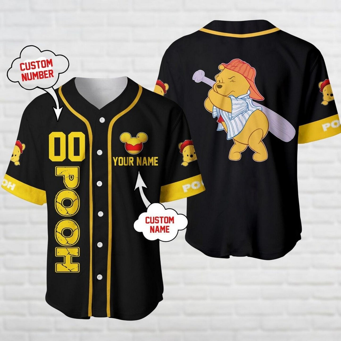 Custom Name Winnie The Pooh Bear Yellow Black Baseball Jersey