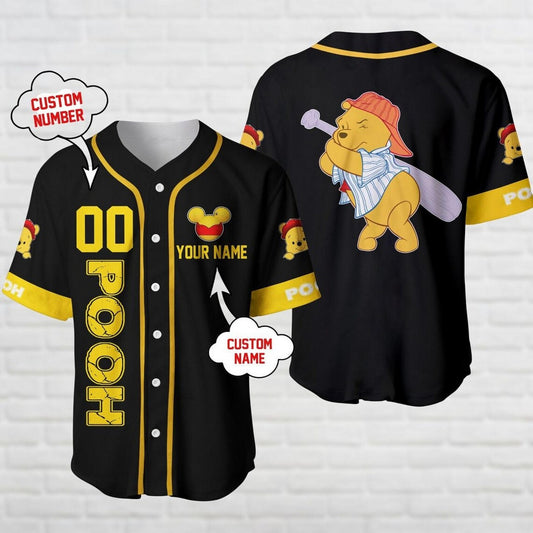 Custom Name Winnie The Pooh Bear Yellow Black Baseball Jersey