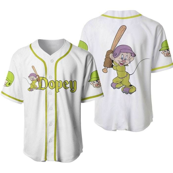 Dopey Dwarf White Green Disney Unisex Cartoon Graphics Casual Outfits Custom Baseball Jersey Gifts for Fans - lylyprint.com