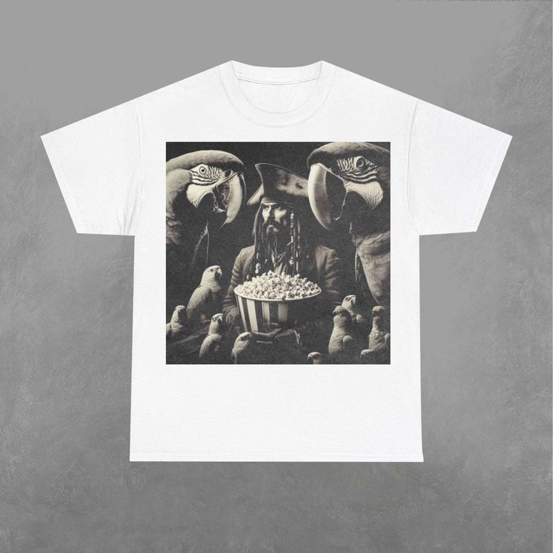 Jack Sparrow and the Parrots Shirt, Jack Sparrow Shirt, Pirates of the Caribbean Crewneck, Movie Graphic Shirt Classic Fabric Menswear