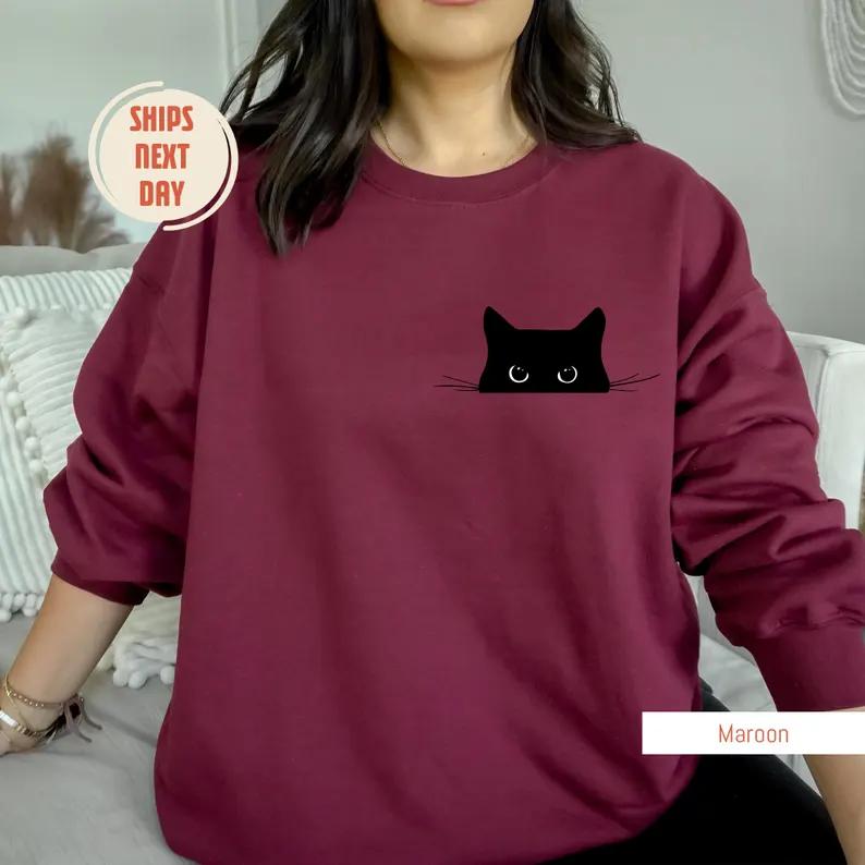 Cat Sweatshirt, Cute Cat Sweatshirt, Black Cat Shirt, Cat Peeking Sweatshirt, Womens Funny Sweater, Gift for Cats Lover, Cat Mom Sweatshirt