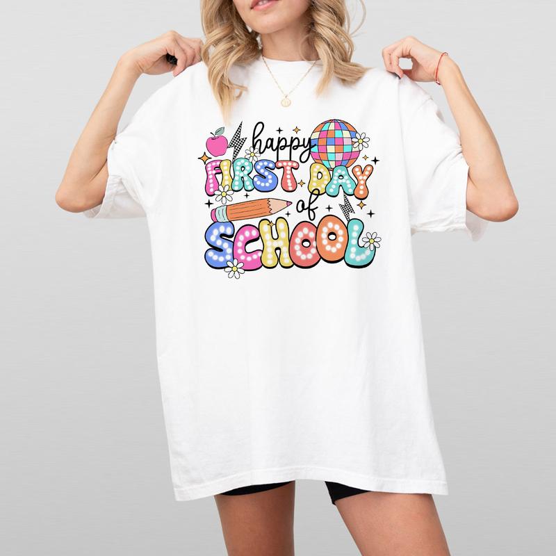 Happy First Day Of School Shirt, Teacher Women Top, Retro Teacher Back To School Tee, Funny First Day Of School Shirt, Cute Teacher T-Shirt, Teacher Team Outfits, Kindergarten Teacher, First Grade Shirt, Teacher Women Tops