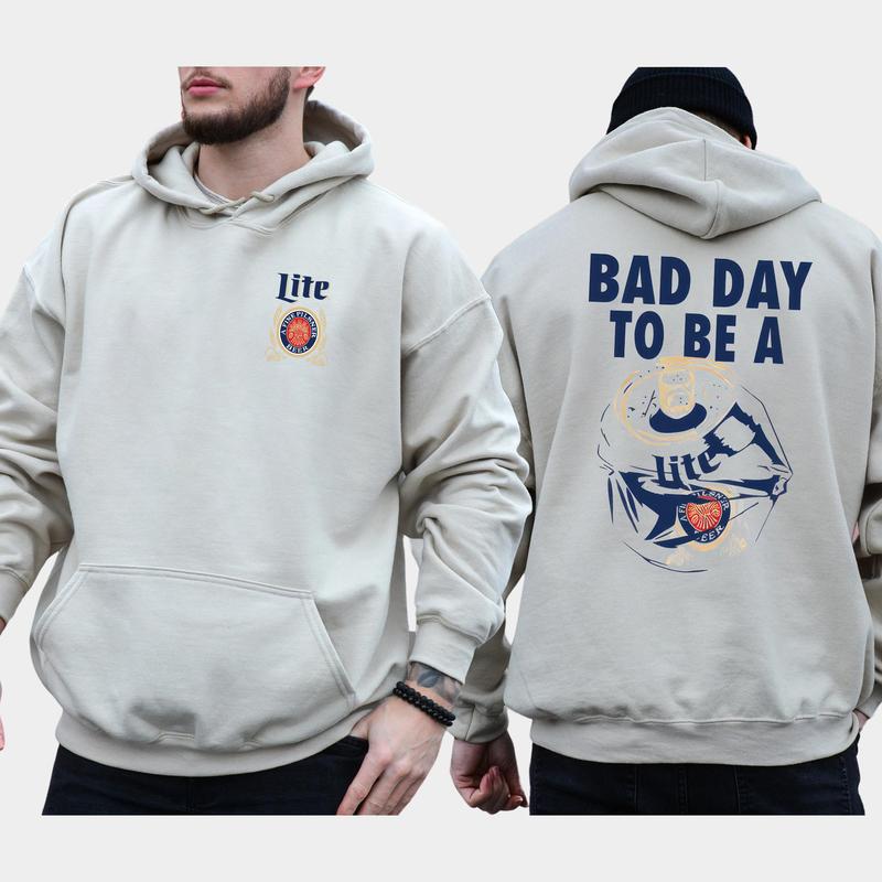 Men's Bad Day To Be A Miller Lite 2-Sided Hoodie, Funny Beer Drinking Hoodies, Miller Lite Sweaters, Unisex Drink Tops, Comfort Cotton Casual Menswear, Classic Long Sleeve Pullover