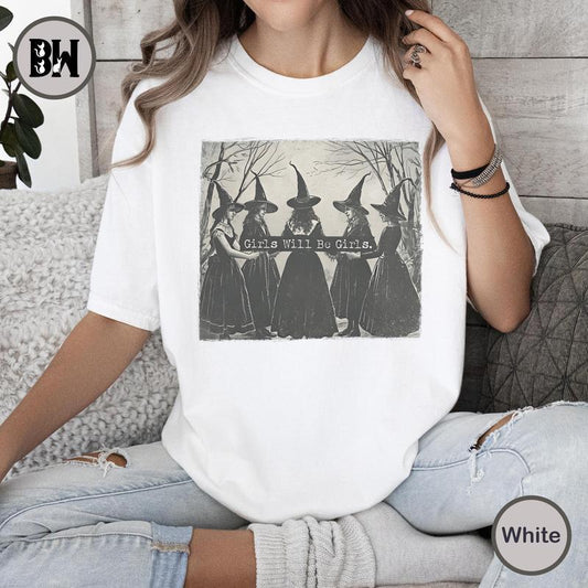Vintage Girls Will Be Girls W.i.t.ch Shirt, Funny W.i.t.ch Vintage Shirt, Vintage Halloween Women Shirt Cotton Fabric