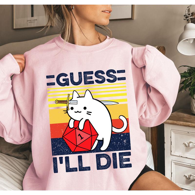 Guess I Will Die Vintage DnD Gaming T-shirt, Dungeons and Cat Tee, Dragons Graphic Sweatshirt, Dungeon Master Boho 80s Tee, DnD Game Sweater