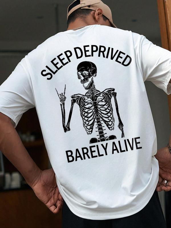 Men's Regular Fit Letter & Skeleton Print Drop Shoulder Tee, Back To School Outfits,Â Street Fashion Casual StreetwearÂ Round Neck Short Sleeve T-Shirt For Daily Wear, Menswear, Graphic Tees,Â Summer Outfits 2024