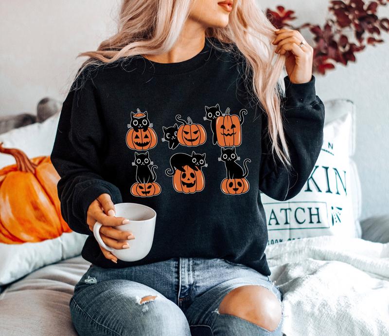 Black Cat Pumpkin Sweatshirt, Fall Sweatshirt, Halloween Sweatshirt, Black Cat Halloween Hoodie, Vintage Halloween Sweatshirt and Hoodie, Halloween Gift Idea for Cat Lovers