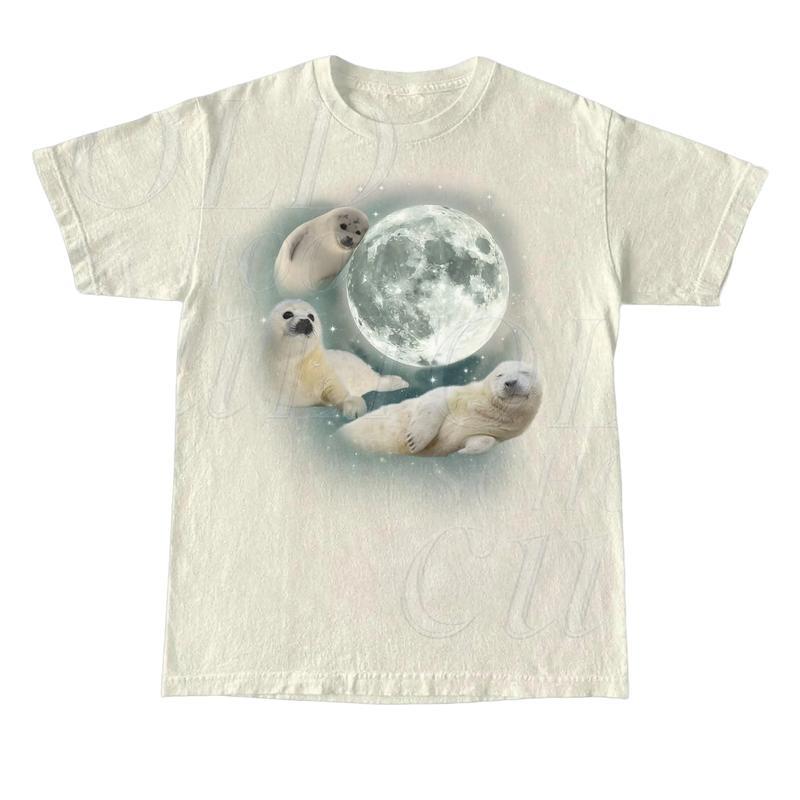 Three Baby Seal Vintage Graphic T-shirts, Retro Sea Dog Moon Tshirt, Relaxed Washed Unisex Adult Tee, Seal Lovers, Cute Sea Dog Tee Menswear Top Underwear Streetwear