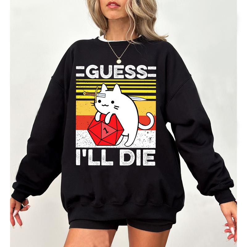 Guess I Will Die Vintage DnD Gaming T-shirt, Dungeons and Cat Tee, Dragons Graphic Sweatshirt, Dungeon Master Boho 80s Tee, DnD Game Sweater