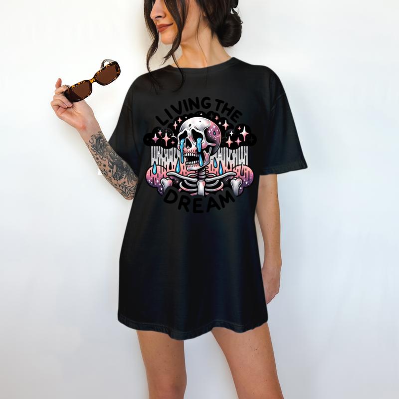 Living the Dream - T-Shirt, Skeleton Rainbow, Bright Graphic, Funny Apparel, Gift Idea, Relaxed Fit, Casual Apparel, Cute Top, Great with Jeans, All S