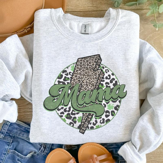 Mama Leopard St Patrick Day Lightening Bolt Sweatshirt - Ash Grey - Sublimation