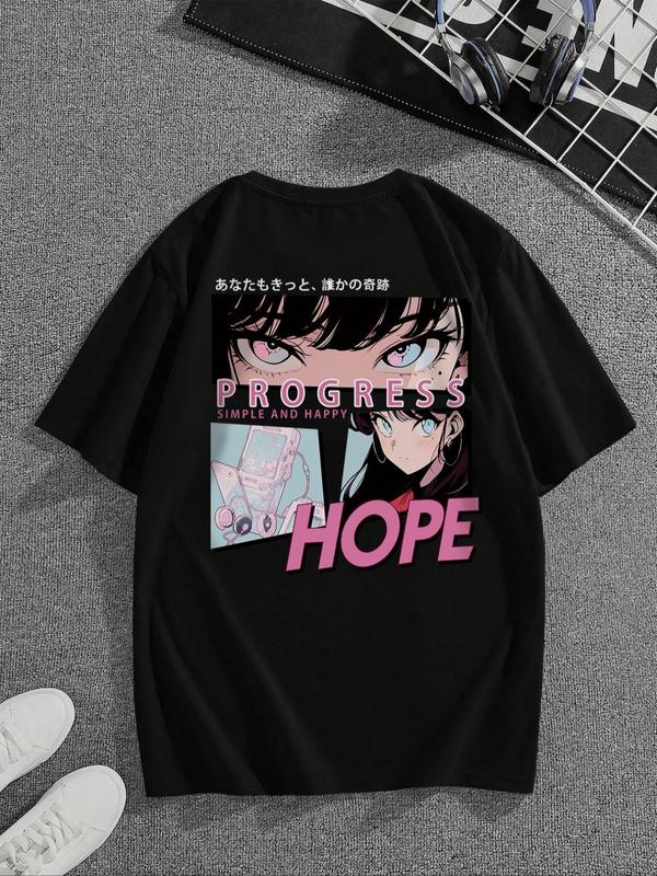 Men's Letter & Anime Cartoon Figure Print Drop Shoulder Tee, Regular FitÂ Casual Short Sleeve Round Neck T-Shirt for Summer, Men'sÂ Streetwear Top for Daily Wear, Graphic Tees,Â Summer Clothes