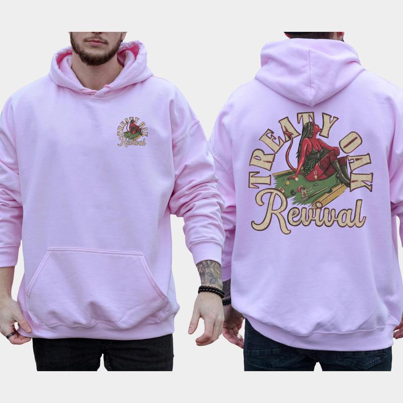 Men's Treaty Oak Revival Graphic 2-Sided Hoodie, Vintage Devil Girl on Billiard Board Concert Unisex Hoodies, Country Music Men's Tops, Comfort Cotton Casual Menswear, Classic Long Sleeve Pullover