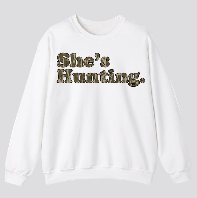 She is Hunting Camoflauge Bottomland Pattern Unisex T-shirt, Hunting Camo Graphic Printed Crewneck Sweatshirt, Unisex Mom Shirt Gift For Women