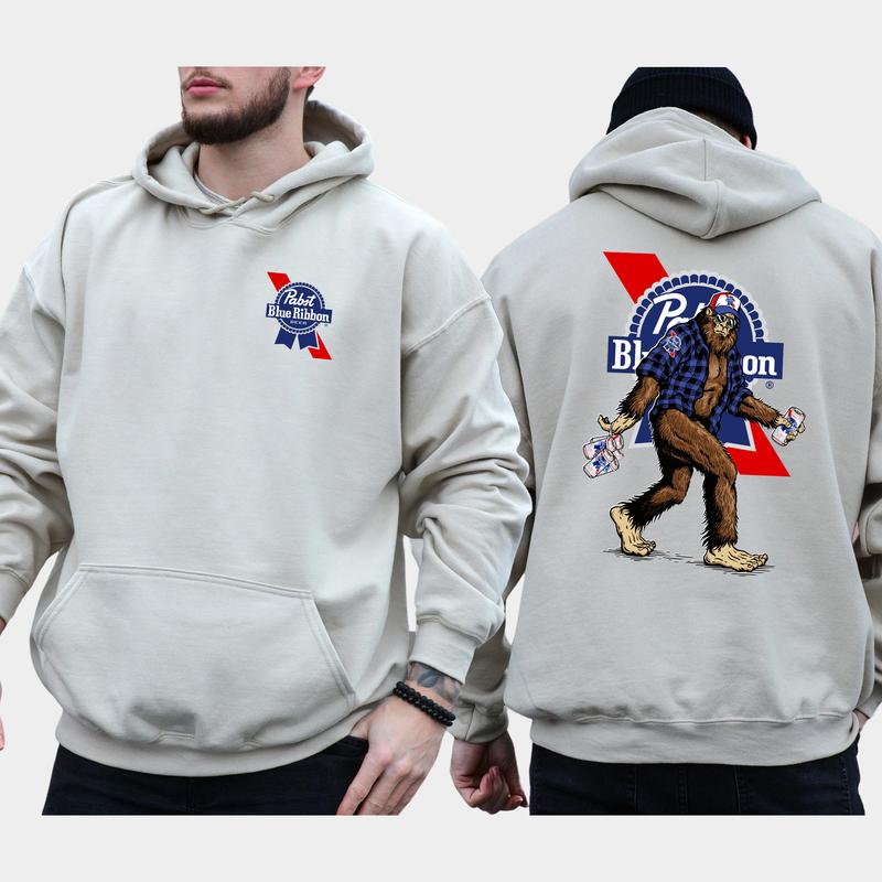 Men's Biggfoot Holding Pabst Blue Ribon 2-Sided Hoodie, Beer Drinking Hoodie, Funny Bigfooot Pullover, Unisex Drinker Tops, Cotton Classic Menswear