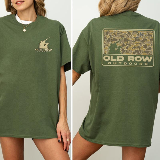 Vintage 80s Old Row Outdoors Hunting Camo 2-Sided Shirt, Retro Hunting T-Shirt, Dog Hunt Tshirt, Unisex Hunter Tops, Women's Top, Casual Womenswear