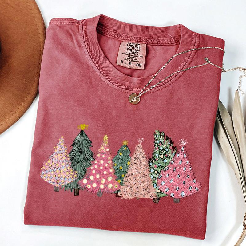 Sketched Christmas Trees, Christmas Heart, Vibrant, Winter, Snow, Xmas Tshirt, Christmas Comfort Colors Tshirt, Women's Graphic Tee, Xmas, Santa, Wint