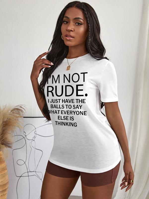 Women's Letter Print Drop Shoulder T-Shirt, Summer Clothes Women, Casual Fashion Round Neck Half Sleeve Tee for Daily Holiday Vacation Outdoor Wear, W