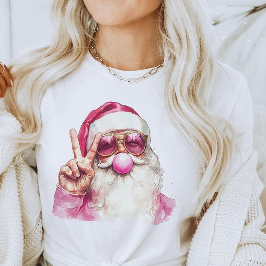 Retro Bubblegum Santa Peace Tee Christmas Santa Bubblegum Tshirt Funny Sunglass Santa Clause T-Shirt Christmas Bubblegum Santa Clause Top Womans Chris