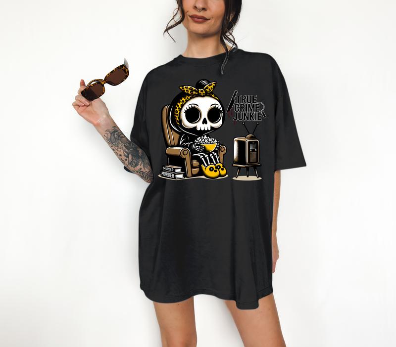 True Crime Junkie - T-Shirt, Cute Skeleton, Bright Graphic, Funny Apparel, Gift Idea, Relaxed Fit, Casual Apparel, Cute Top, Great with Jeans, All Sea