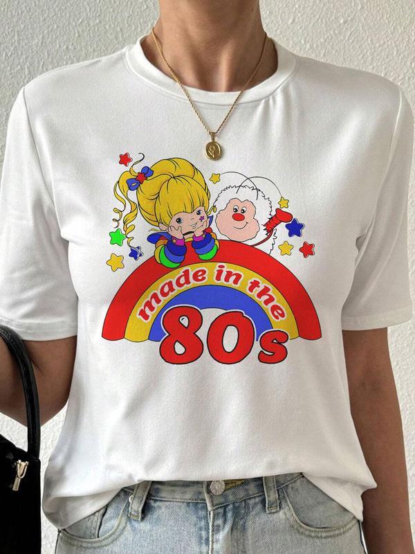 Women's Cartoon Girl & Letter Print Round Neck Short Sleeve Tee, T Shirts for Women, Casual Crew Neck T-shirt for Daily Wear, Graphic Tees, Ladies Clo