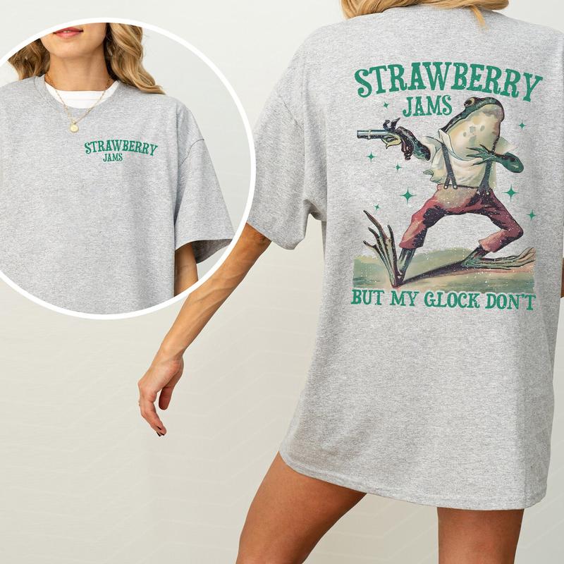 Strawberry Jams But My Glock Don't Frog Graphic 2-Sided Shirt, Vintage Country Girl T-shirt, Retro Frog Tee, Funny Women's Top, Casual Womenswear