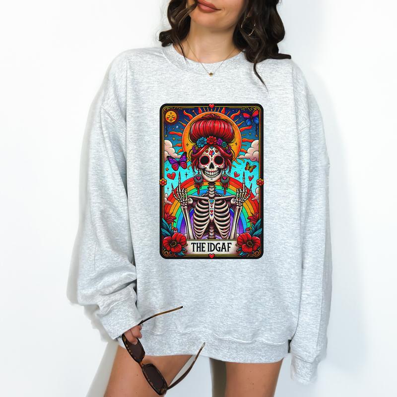 The IDGAF Tarot- Unisex Crewneck Sweatshirt - Print is Sublimation, Christmas Crewneck, Gift Idea, Relaxed Fit, Casual Apparel