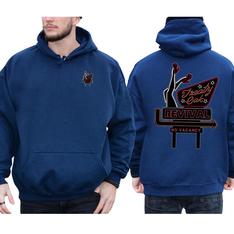 Vintage Treaty Oak Revival 2-Sided Hoodie, Retro Neon Sign Hoodies, Funny Men's Hooded Sweatshirt, Unisex Drink Tops, Classic Pullover Menswear