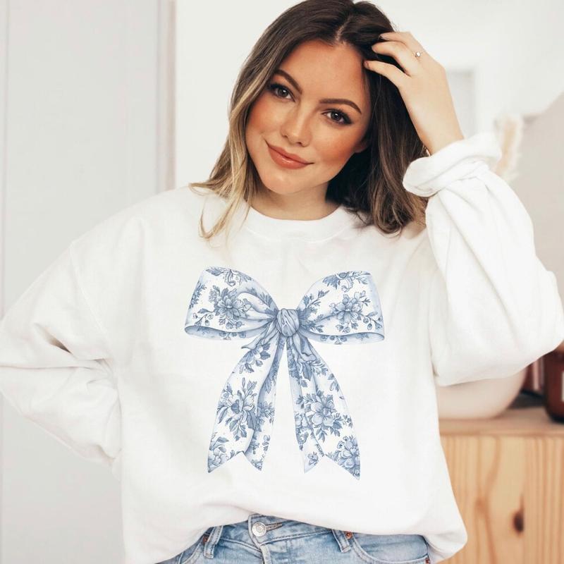 Toile De Jouy Coquette Bow Sweatshirt, Blue Ribbon Sweater Girly Aesthetic, Unisex Shirt, Full Size, Full Color, Sweatshirt For Everyone