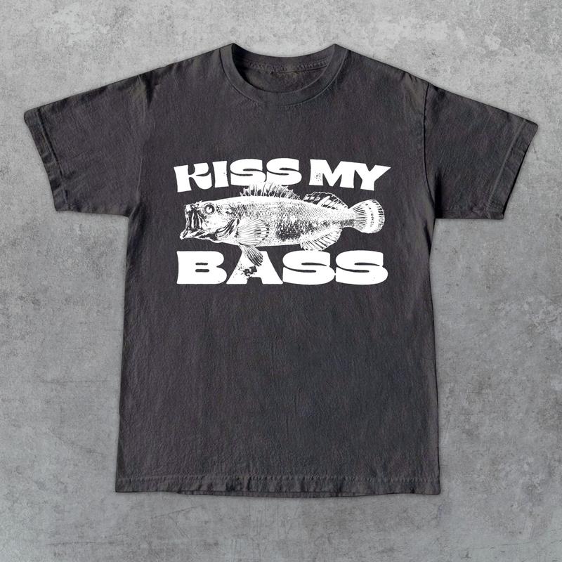 Kiss My Bass Vintage Style Fishing T-Shirt, Retro Fisher T Shirt, Fisher Gear, Fisher Graphic Shirt, Adult Unisex Relaxed Cotton Shirt - White Design Limited