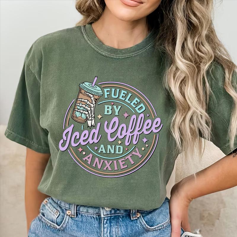 Fueled By Iced Coffee And Anxiety Shirt, Iced Coffee Mama T-shirt, Anxiety Mom Graphic Printed Tee, Viral Unisex Soft Fabric Short Sleeve Tee Shirt Fo
