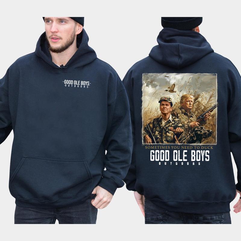 Hunter Trummp Reagan Good Ole Boys 2-Sided Hoodie, Funny Men's Outdoors Hunting Hoodies, Vintage Hunt Sweaters, Unisex Hunter Tops, Comfort Cotton Casual Menswear, Long Sleeve Pullover