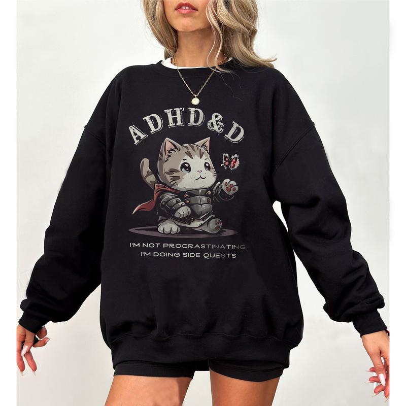 ADHD&D I'm Not Procrastinating I'm Doing Side Quests Cat Shirt, Vintage Tee, D&D Funny Cat Sweatshirt, Gift for DM Game Master