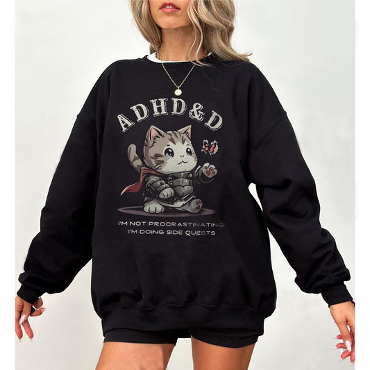 ADHD&D I'm Not Procrastinating I'm Doing Side Quests Cat Shirt, Vintage Tee, D&D Funny Cat Sweatshirt, Gift for DM Game Master