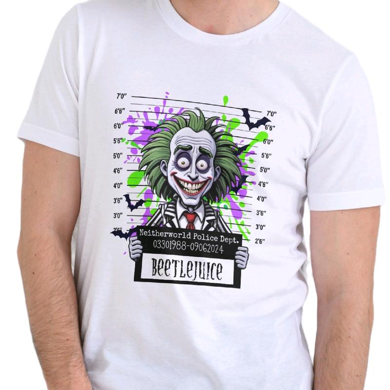 Beetlejuice Cartoon Mugshot T-Shirt for MenWomen Comfortable Cotton Top oogie boogie Womenswear Breathable Everyday Fit Casual