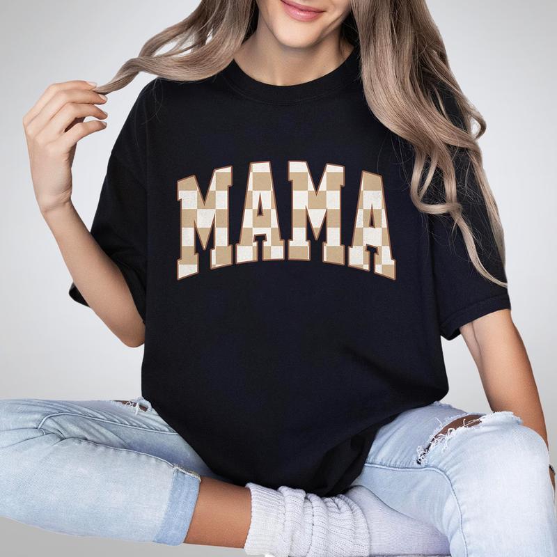Retro Mama Shirt, Comfort Colors Checkered Mama T-Shirt, Boho Mama Shirt, Cute Mom Shirt, Varsity Letter Mama Shirt, Mothers Day Gift, New Mom Gift, Trendy Crewneck, Mom Gift, Mothers Day Gifts, Mama Women Top Comfortable Casual Fashion Breathable Tshirts