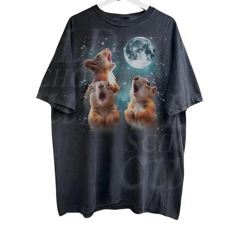 Three Squirrel Funny Vintage Tshirt, Retro Squirrel Meme Shirt, Ugly T-Shirt Gifts For Friends, Howling Squirrel Moon,Soft Unisex Cotton Tee