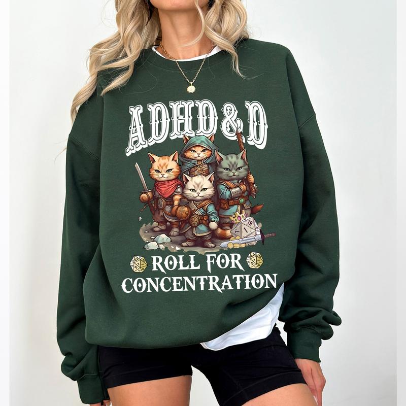 Funny ADHD & D Roll For Concentration Funny Cat Shirt, ADHD Shirt, D20 DnD Gamer Shirt, ADHD & D funny Cat Sweatshirt