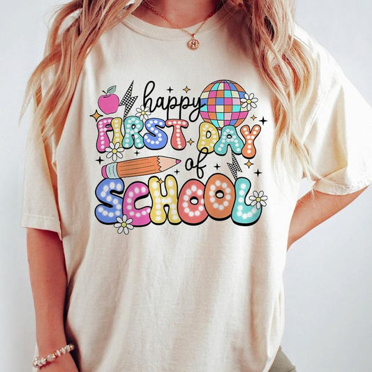Happy First Day Of School Shirt, Teacher Women Top, Retro Teacher Back To School Tee, Funny First Day Of School Shirt, Cute Teacher T-Shirt, Teacher Team Outfits, Kindergarten Teacher, First Grade Shirt, Teacher Women Tops